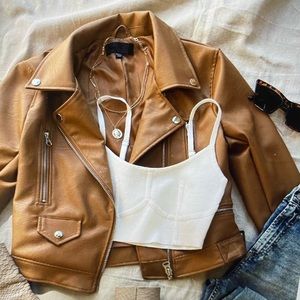 Caramel color faux leather jacket. Never worn!